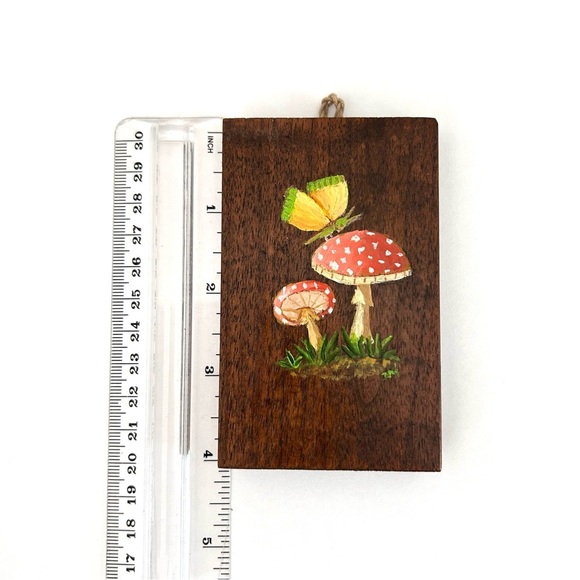 Miniature Tole Wooden Wall Plaque Painted Mushrooms and Butterfly - Picture 2 of 6